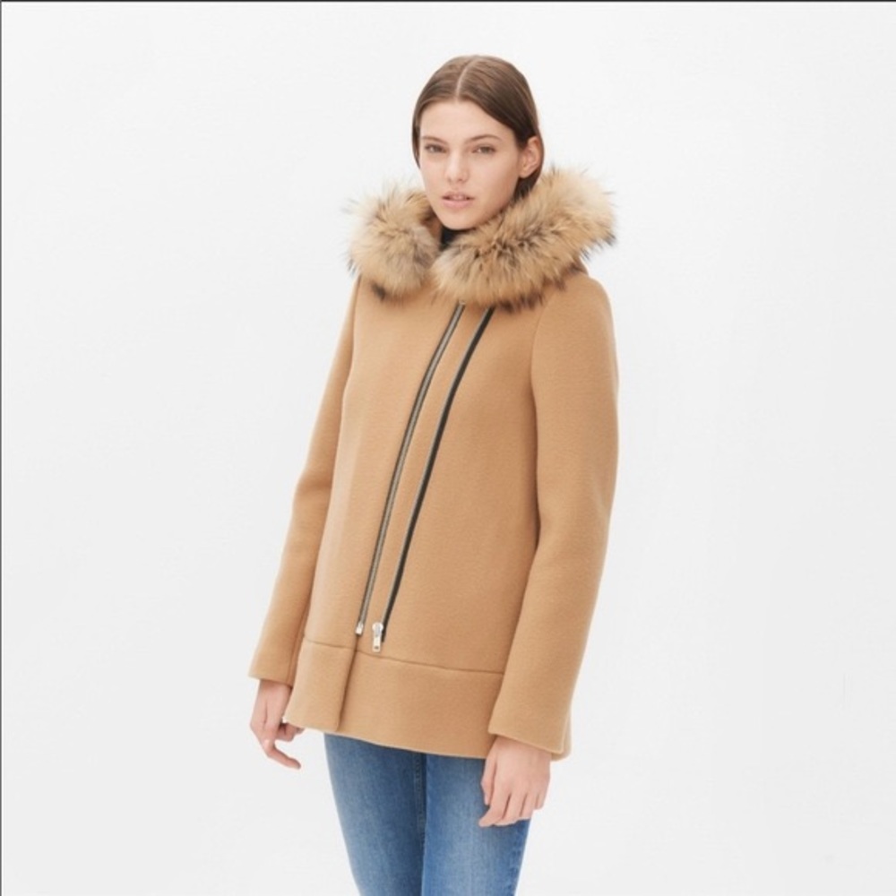 Sandro 100% Virgin Wool Fur Hood Short Coat Camel Beige Nude Tan Neutral Color